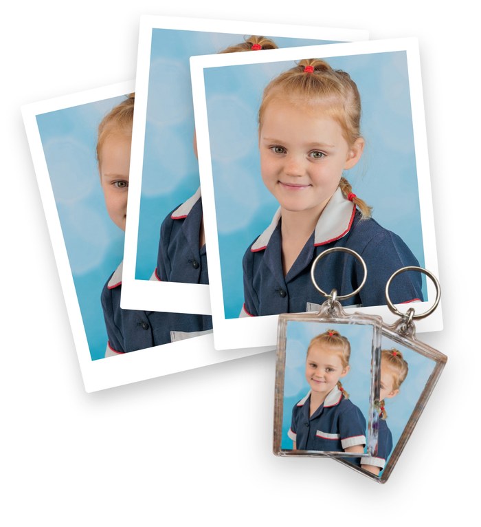 Framed individual school portrait prints with keyring keepsakes